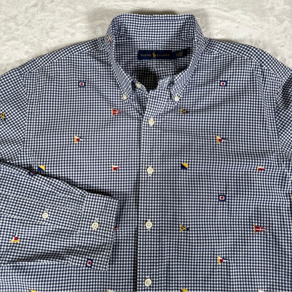 Ralph Lauren Shirt Men Size L Embroidered Flag Check Long Sleeve 100% Cotton EUC - Picture 2 of 10